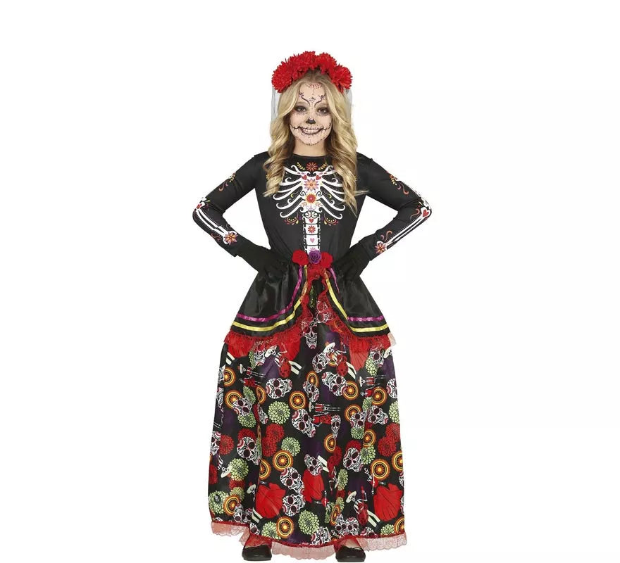 Translation missing: it.Disfraz de Catrina con falda larga estampada para niña