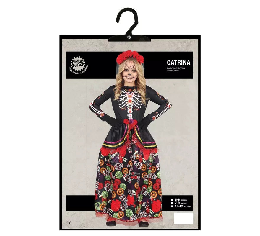 Translation missing: it.Disfraz de Catrina con falda larga estampada para niña