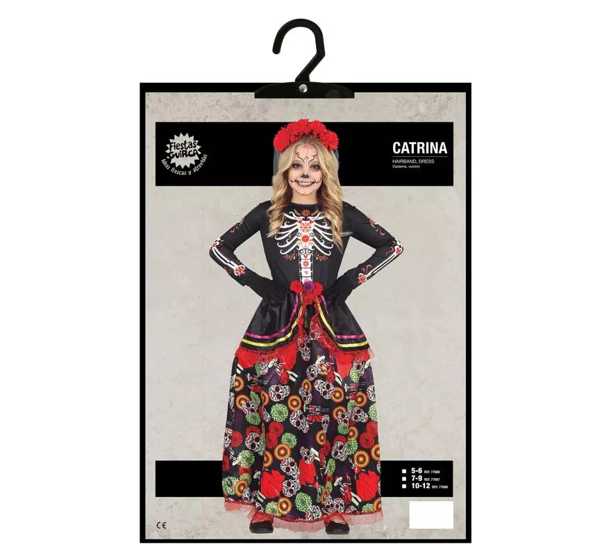 Translation missing: es.Disfraz de Catrina con falda larga estampada para niña