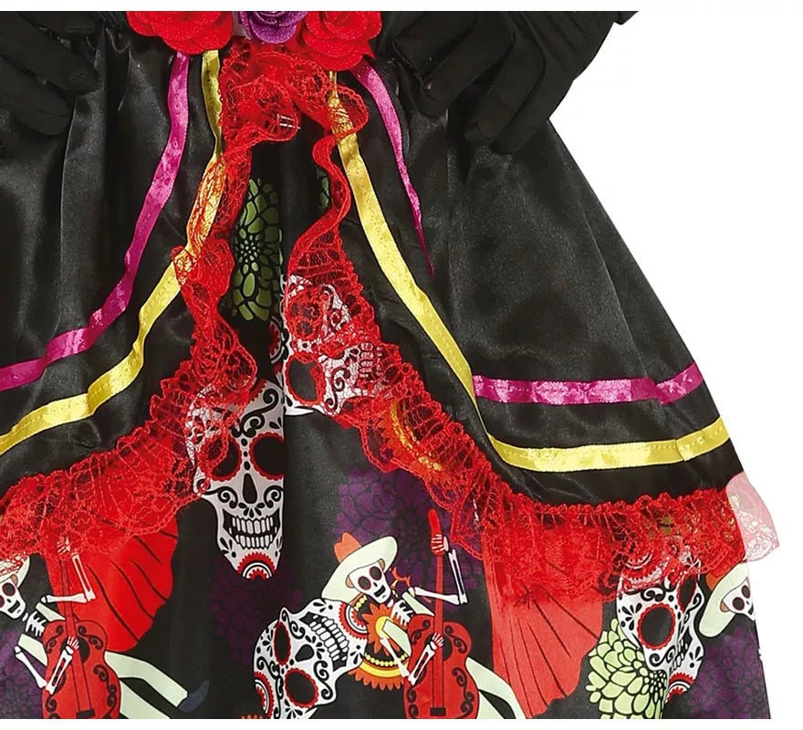 Disfraz de Catrina con falda larga estampada para niña