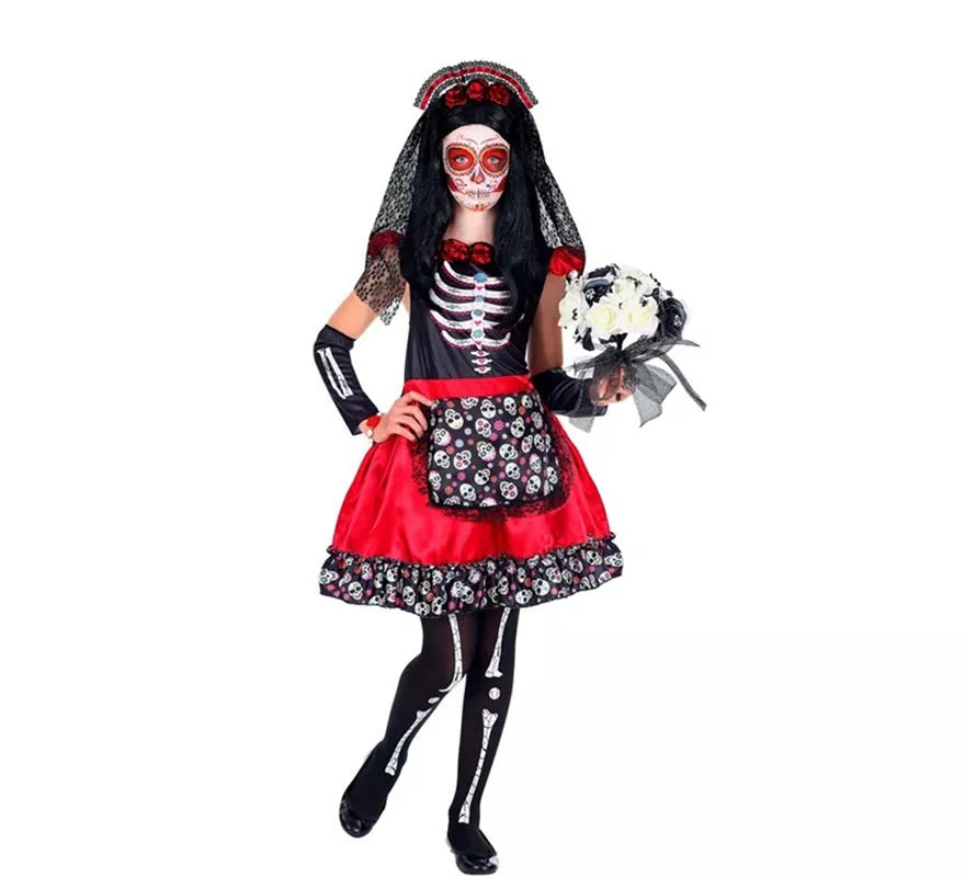 Translation missing: it.Disfraz de Catrina Día de Los Muertos con Velo para niña