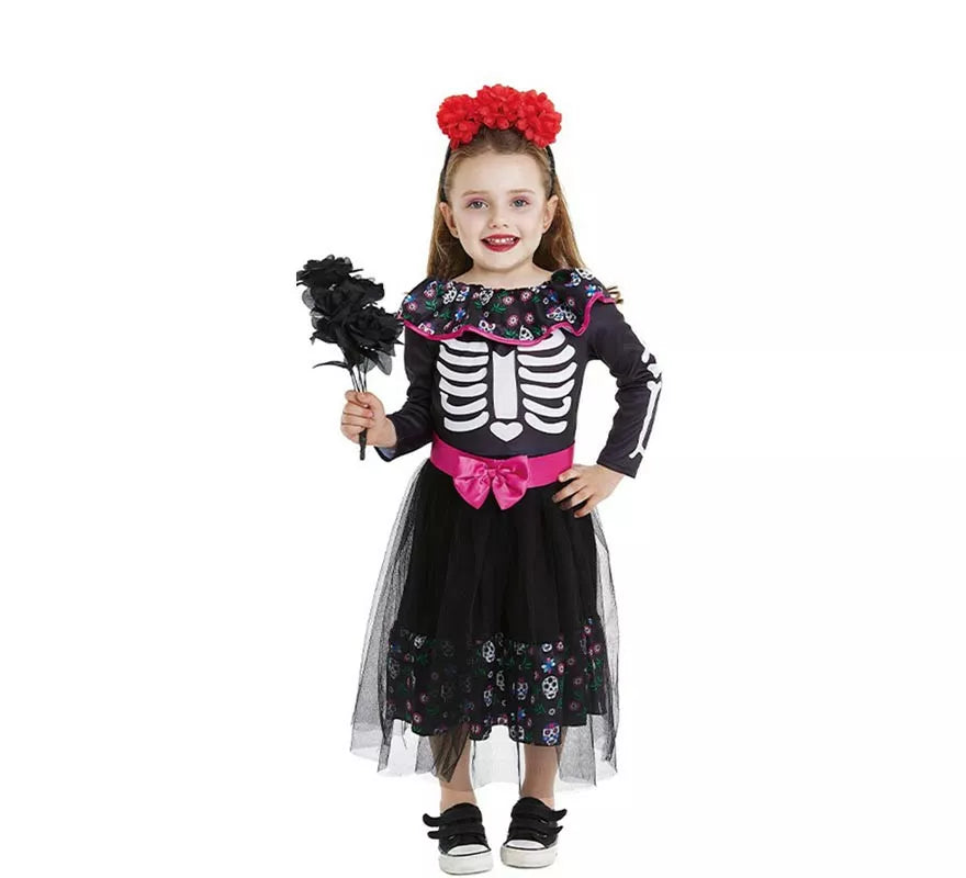 Translation missing: it.Disfraz de Catrina rosa con cinturón para bebé y niña