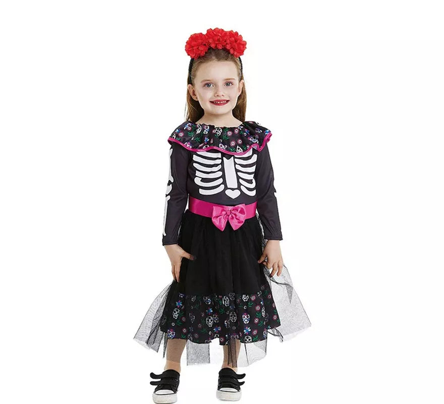 Translation missing: it.Disfraz de Catrina rosa con cinturón para bebé y niña