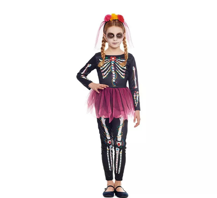 Translation missing: it.Disfraz de Catrina rosa con diadema y velo para niña