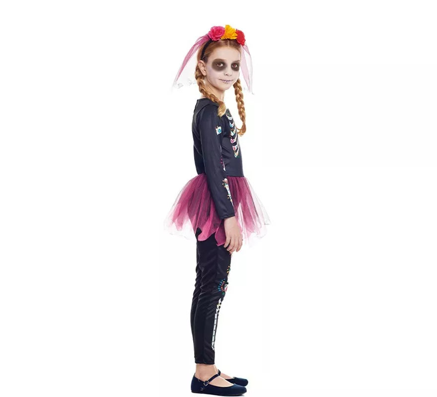 Translation missing: it.Disfraz de Catrina rosa con diadema y velo para niña