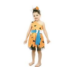 Costume da cavernicolo arancione con copricapo per bambina