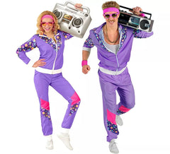 Costume da tuta viola anni '80 con personaggi per adulto