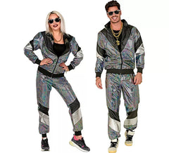 Costume da tuta riflettente argento anni '80 per adulto