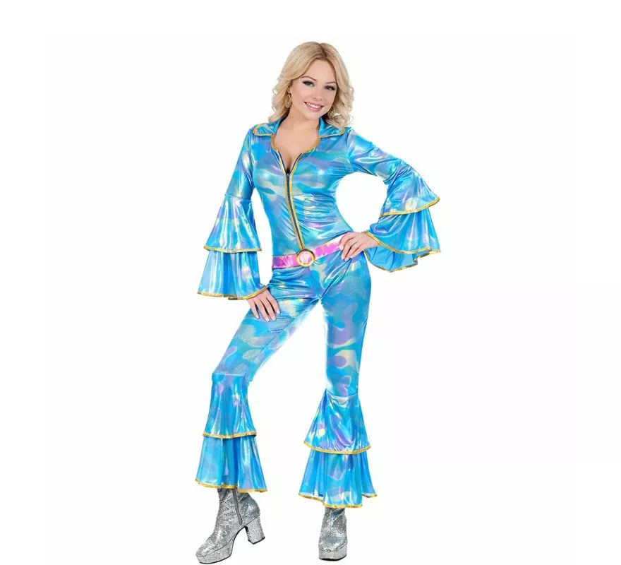 Disfraz de Disco de los años 70 azul para mujer