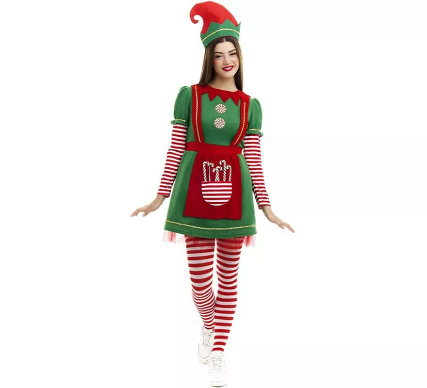 Disfraz de Elfa Polar en vestido verde y rojo para mujer