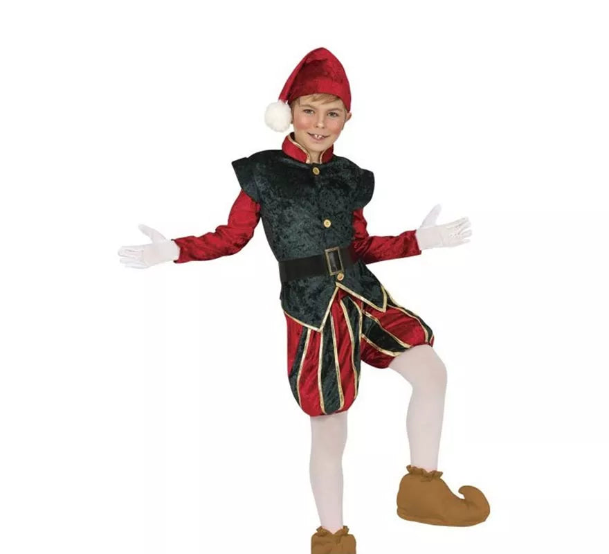 Translation missing: it.Disfraz de Elfo Paje verde y rojo con gorro para niños