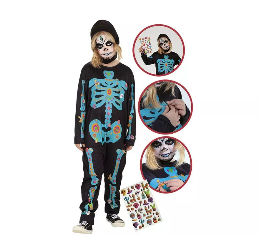 Translation missing: es.Disfraz de Esqueleto Catrina con Pegatinas para niños