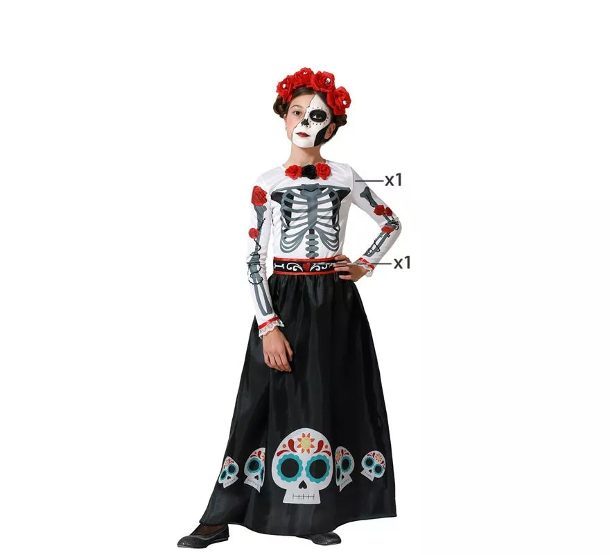 Translation missing: it.Disfraz de Esqueleto Mejicano Catrina Rosas para niña