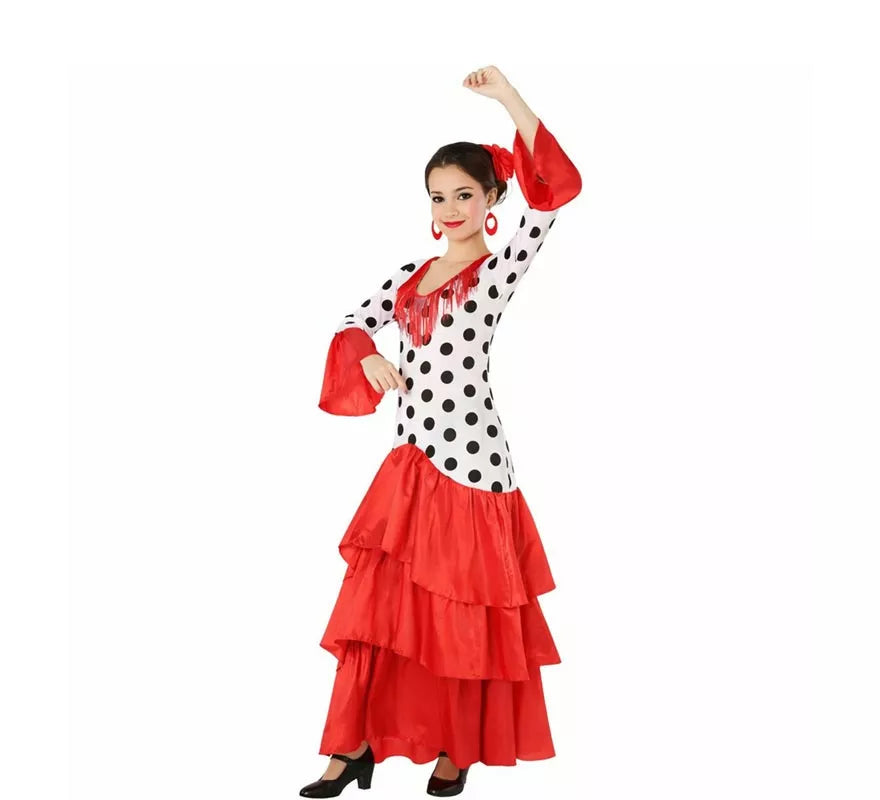 Translation missing: it.Disfraz de Flamenca o Sevillana blanco y rojo para mujer