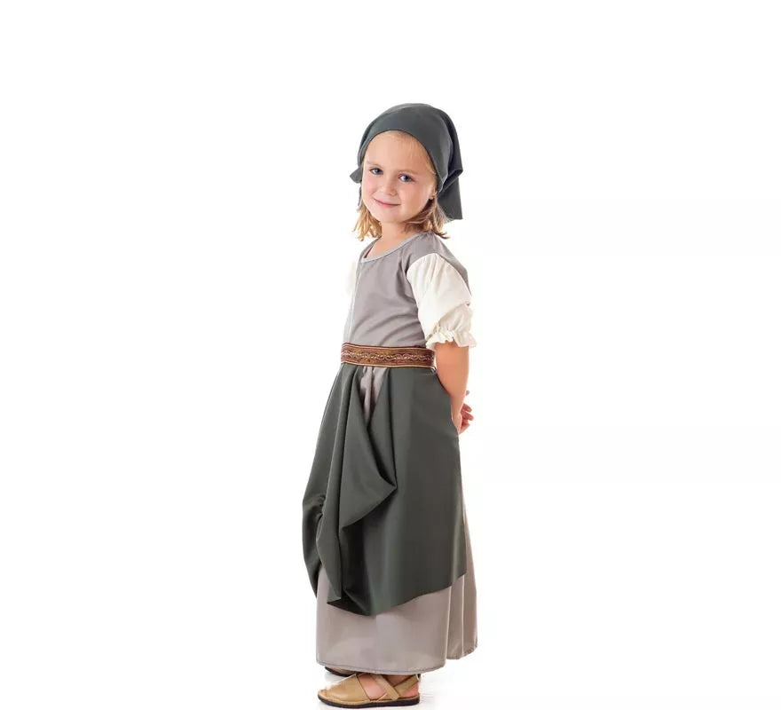 Disfraz de Frutera Medieval gris con pañuelo para niña
