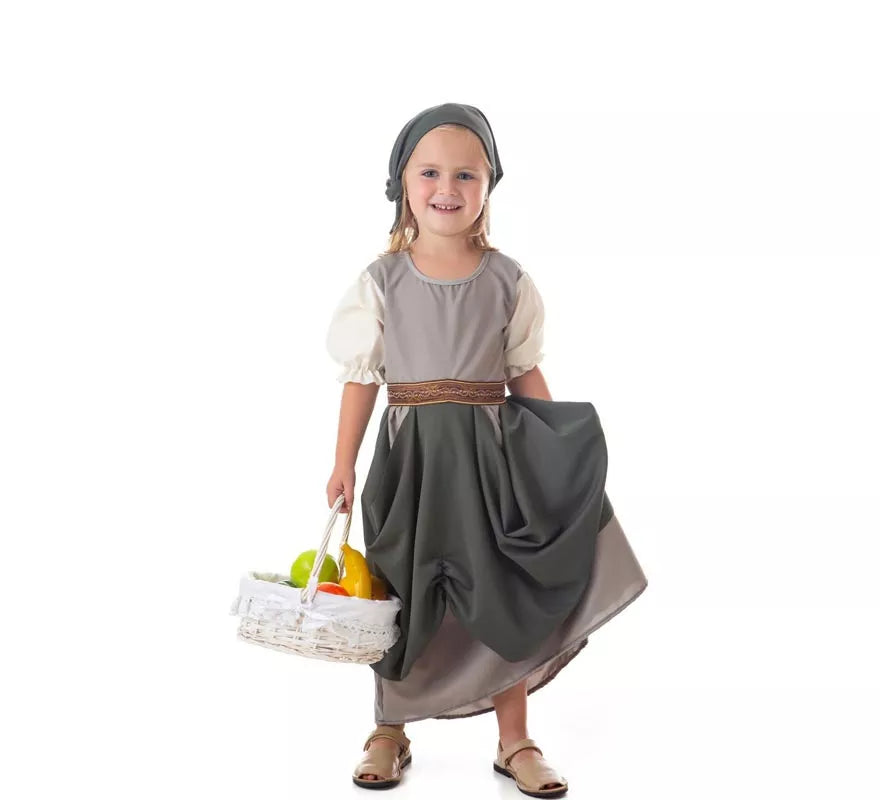 Translation missing: it.Disfraz de Frutera Medieval gris con pañuelo para niña
