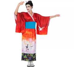 Costume da geisha rosso e rosa con cintura per donna
