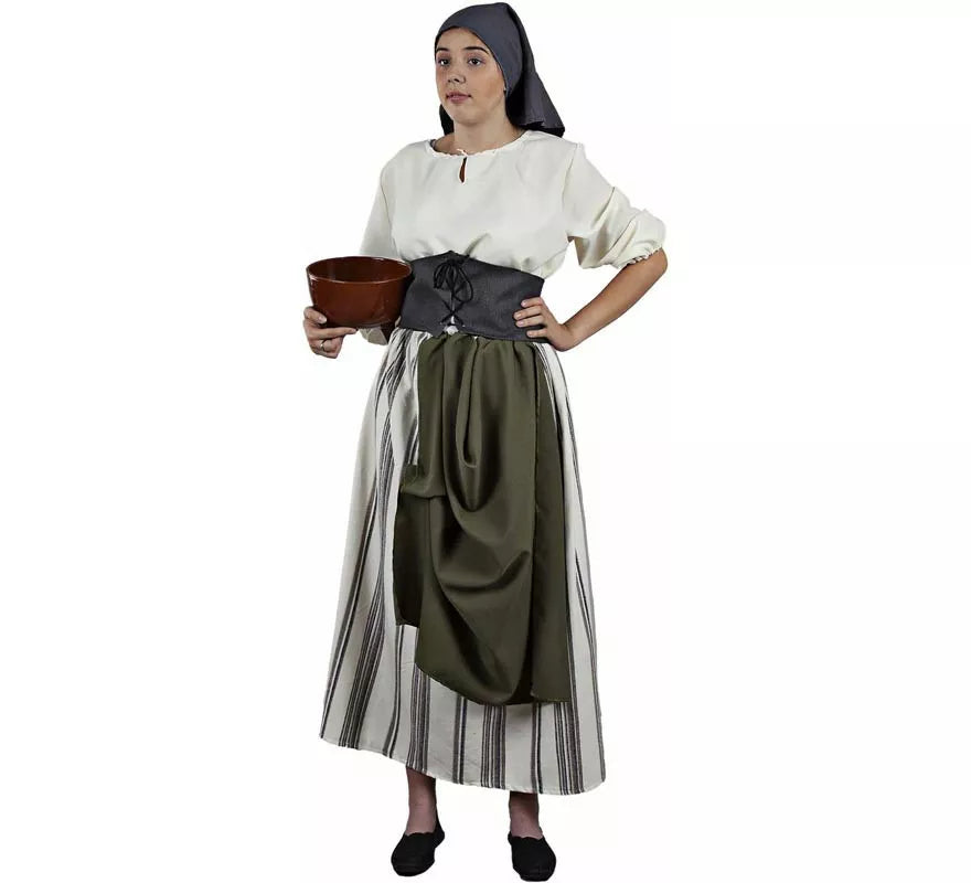 Disfraz de Granjera Medieval verde y blanco para mujer