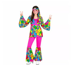 Costume da hippie anni '60 con fiori di cartone animato per donna