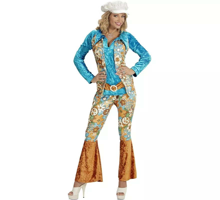 Disfraz de Hippie azul de terciopelo para mujer