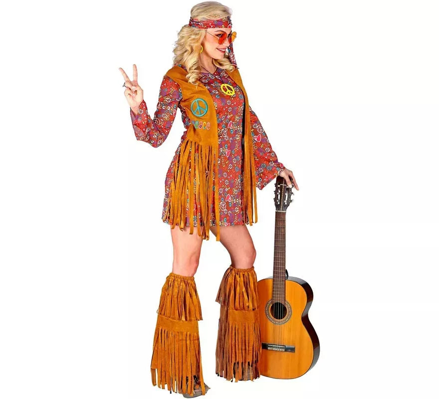 Disfraz de Hippie con cubrebotas y flecos para mujer