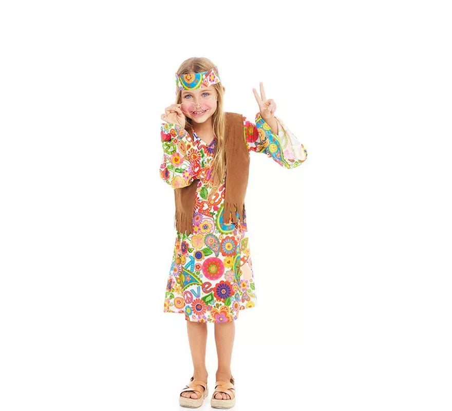 Disfraz de Hippie Flores con chaleco para niña