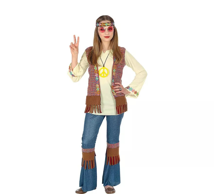 Translation missing: it.Disfraz de Hippie marrón con collar para niña y adolescente