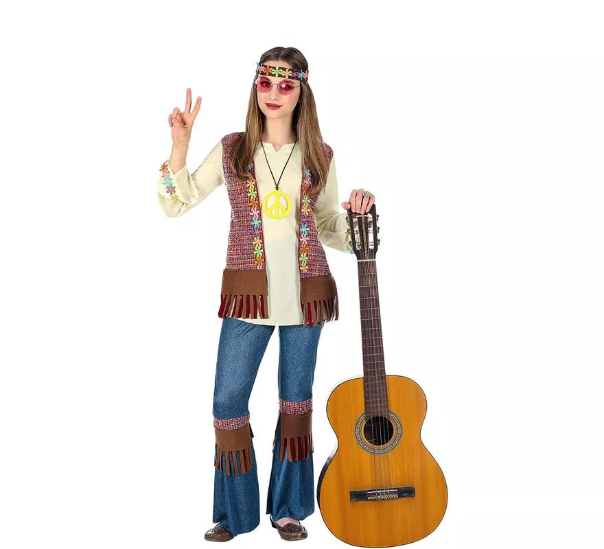 Translation missing: es.Disfraz de Hippie marrón con collar para niña y adolescente