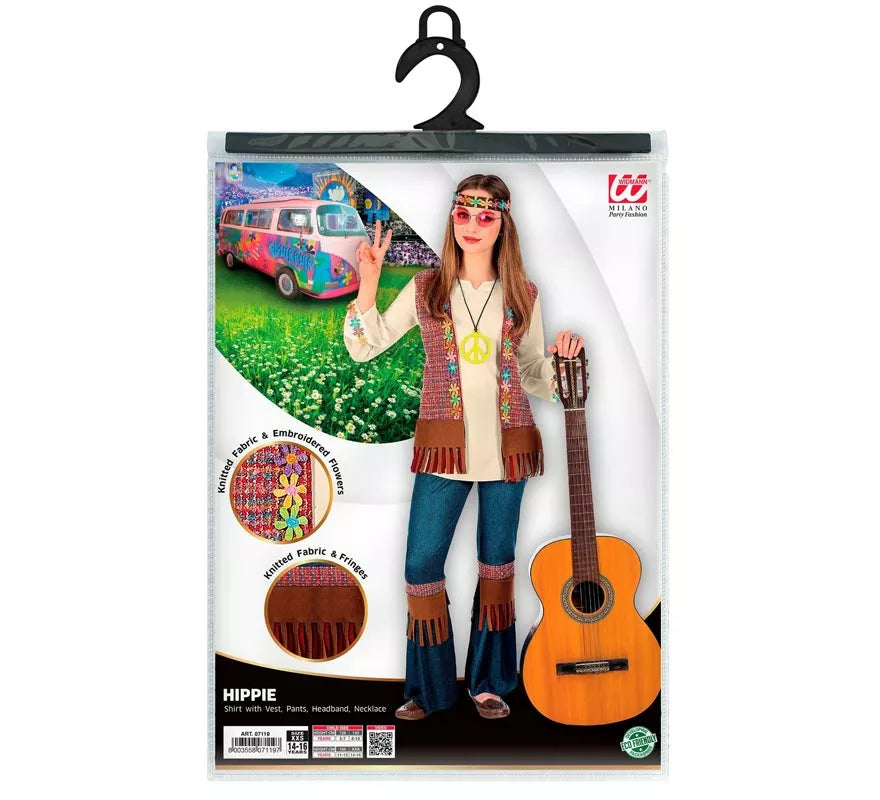 Translation missing: it.Disfraz de Hippie marrón con collar para niña y adolescente