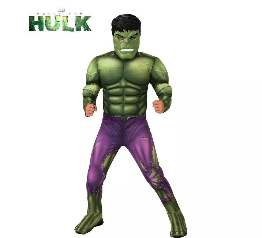 Translation missing: it.Disfraz de Hulk verde musculoso con máscara deluxe para niño