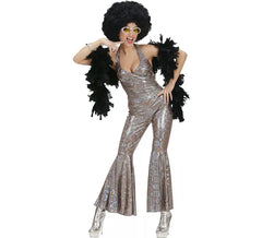 Costume da tuta argento da discoteca anni '70 da donna