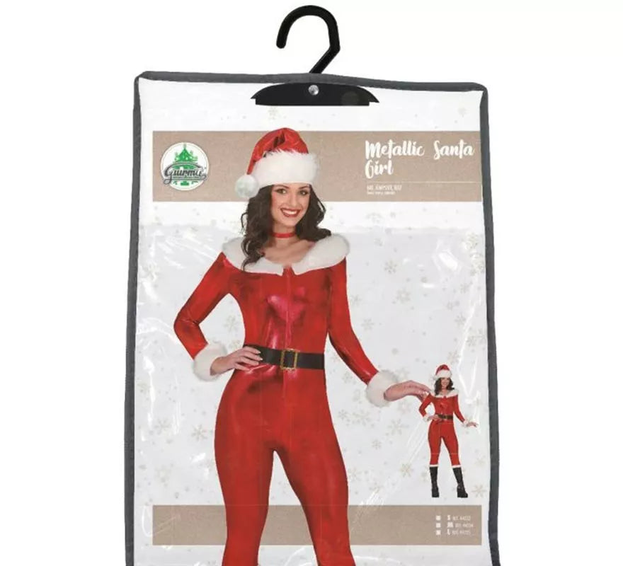 Translation missing: es.Disfraz de Mamá Noel rojo metálico con cinturón para mujer