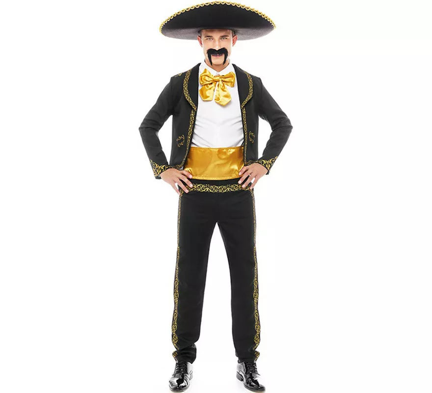 Translation missing: it.Disfraz de Mariachi Charro negro y dorado para hombre