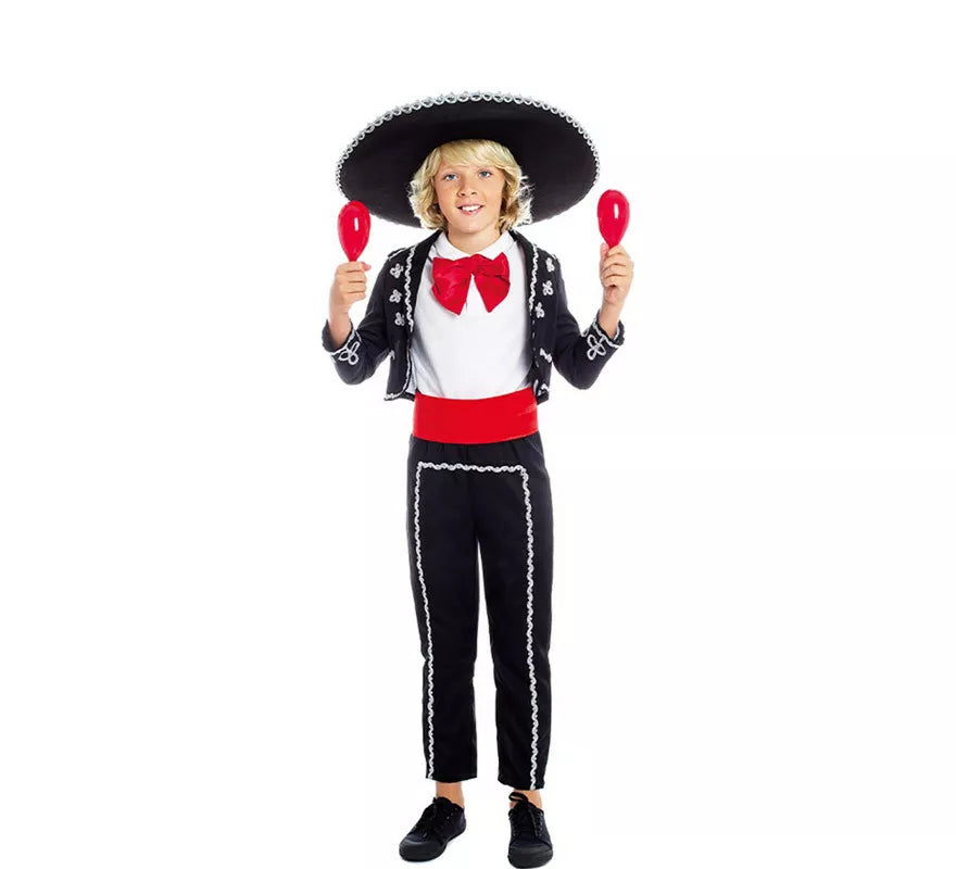 Translation missing: it.Disfraz de Mariachi Mexicano Negro y Rojo para niño
