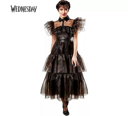 Disfraz de Miércoles vestido de baile negro deluxe para mujer