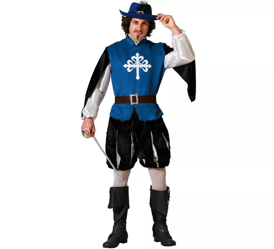 Translation missing: it.Disfraz de Mosquetero azul con cinturón para hombre