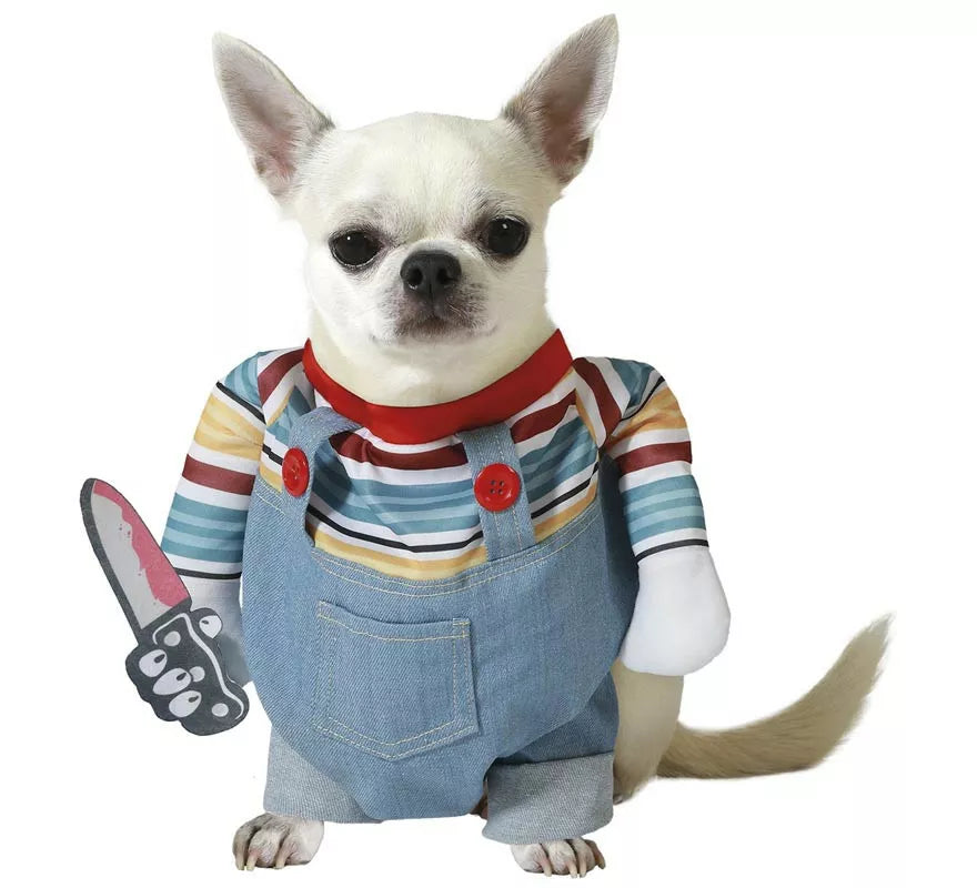 Translation missing: es.Disfraz de Muñeco Diabólico con brazos y cuchillo para perro