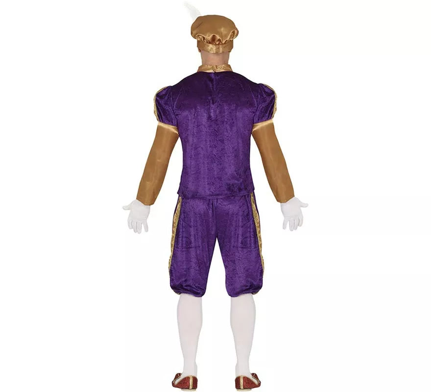 Disfraz de Paje morado y naranja con gorro para hombre