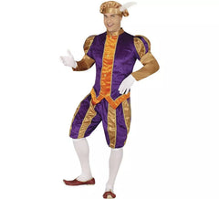 Costume da paggio viola e arancione con cappello per uomo