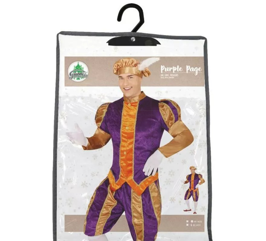 Translation missing: it.Disfraz de Paje morado y naranja con gorro para hombre