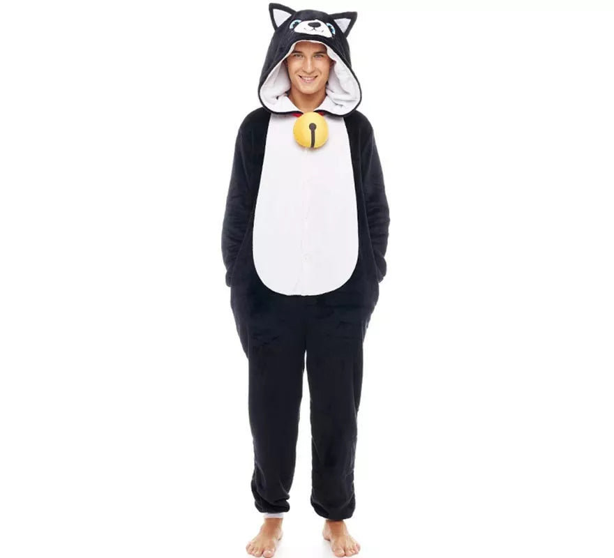 Translation missing: es.Disfraz de Pijama Gato negro con cascabel para adultos