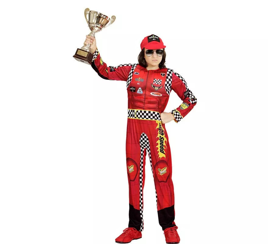 Translation missing: it.Disfraz de Piloto de Formula 1 rojo a cuadros con gorro para niño