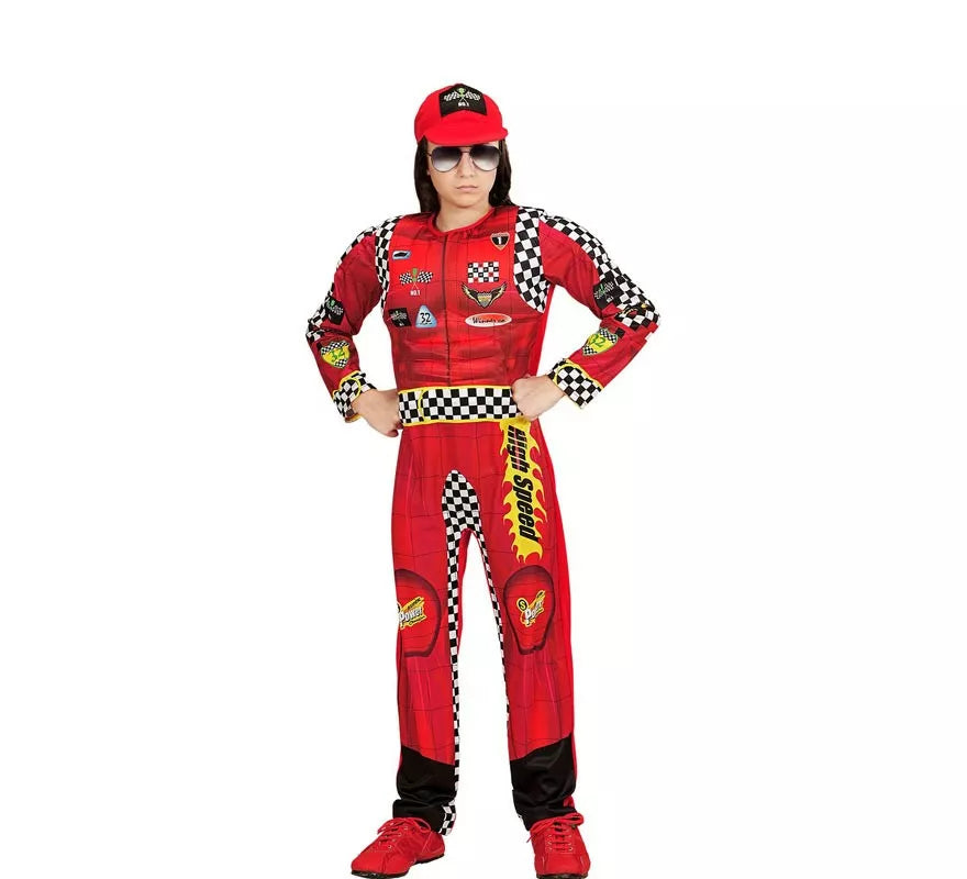 Disfraz de Piloto de Formula 1 rojo a cuadros con gorro para niño