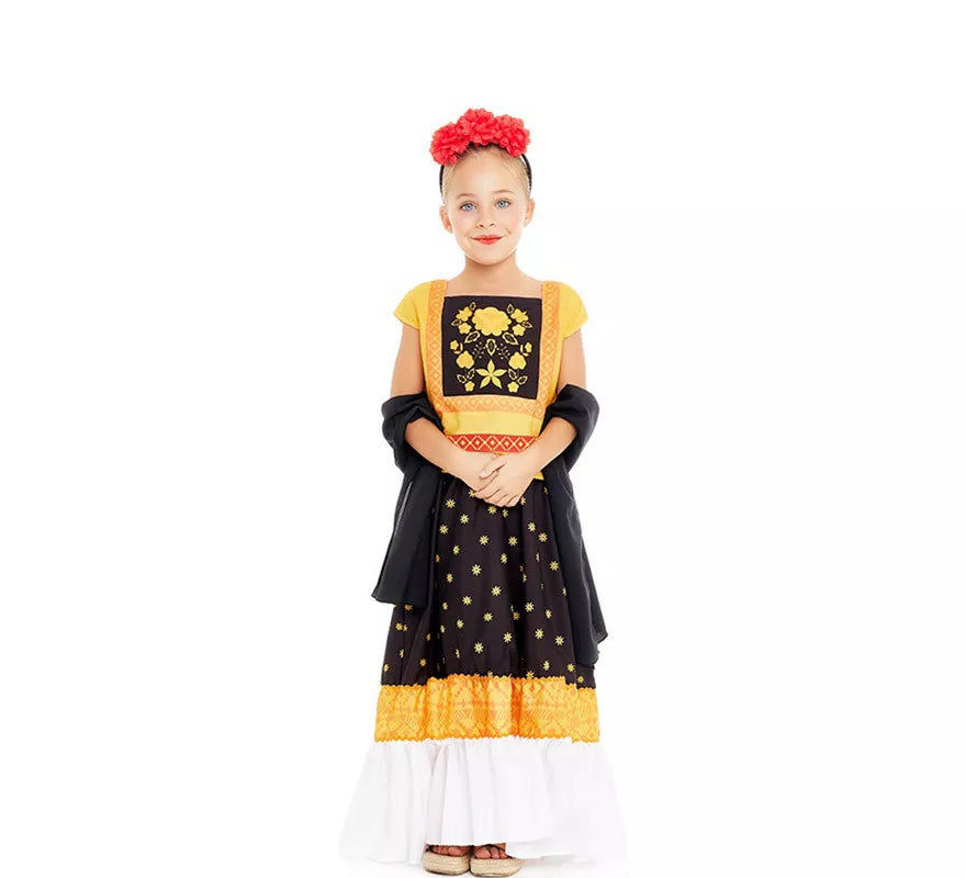 Translation missing: it.Disfraz de Frida Kahlo amarillo y negro para niña