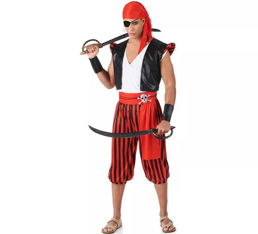 Translation missing: it.Disfraz de Pirata rojo a rayas para hombre