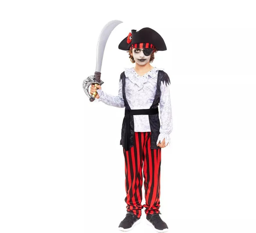 Translation missing: es.Disfraz de Pirata Zombie blanco a rayas para niño