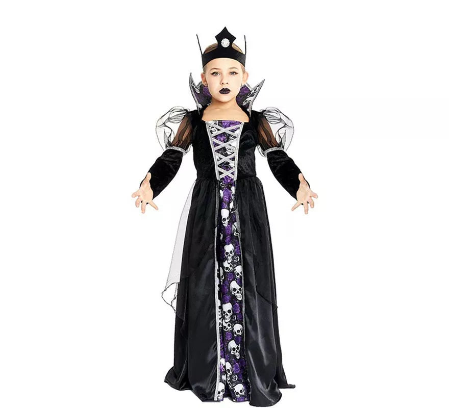 Translation missing: it.Disfraz de Reina Calavera oscura con corona para niña y adolescente