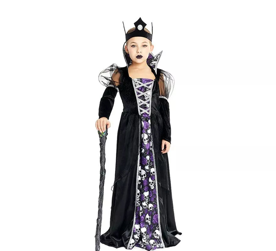 Translation missing: it.Disfraz de Reina Calavera oscura con corona para niña y adolescente