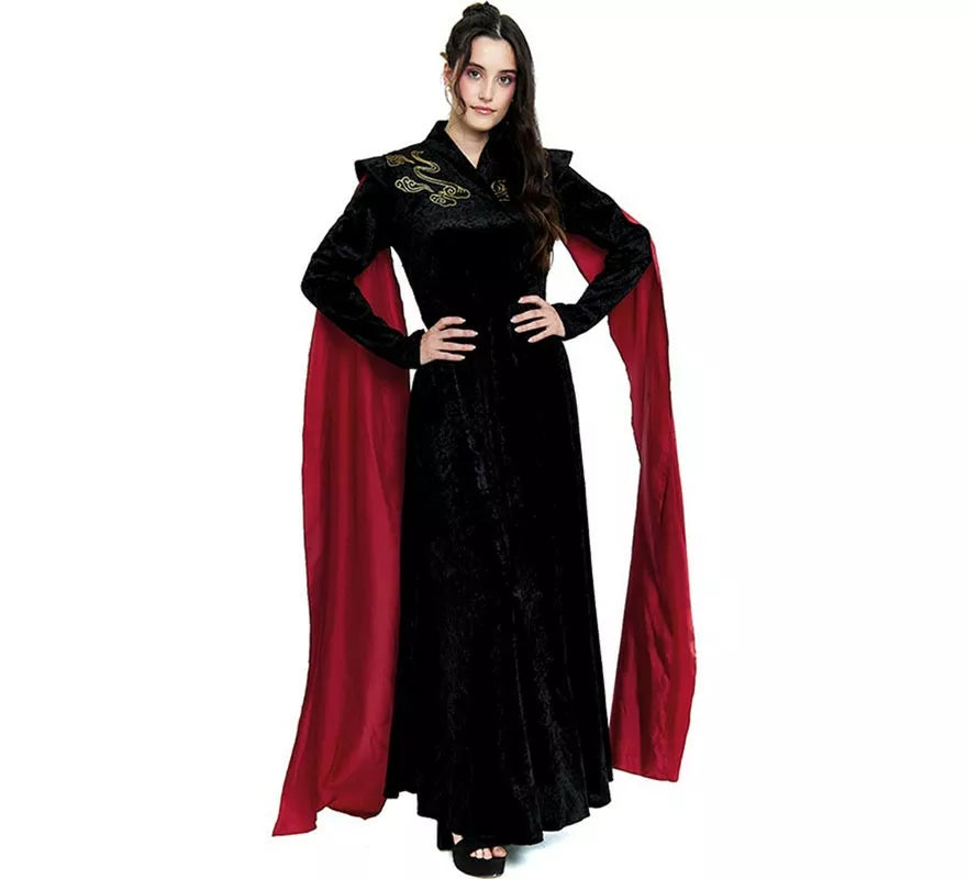 Translation missing: it.Disfraz de Reina Dragón negro con mangas rojas para mujer