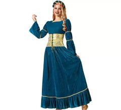 Costume da regina medievale blu e oro con copricapo per donna